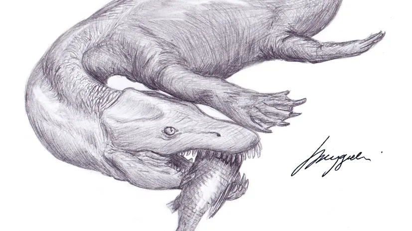 Rekonstrukcja gada z rodzaju Pistosaurus w trakcie polowania, rys. Tomasz Szczygielski