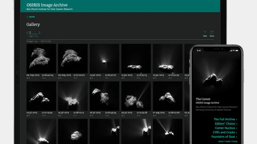 Widok strony internetowej archiwum OSIRIS Image Viewer, w którym można 70 tysięcy zdjęć komety 67P/Churyumov-Gerasimenko uzyskanych w ramach misji Rosetta. Źródło: Flensburg University of Applied Sciences/Sascha Reinhold.