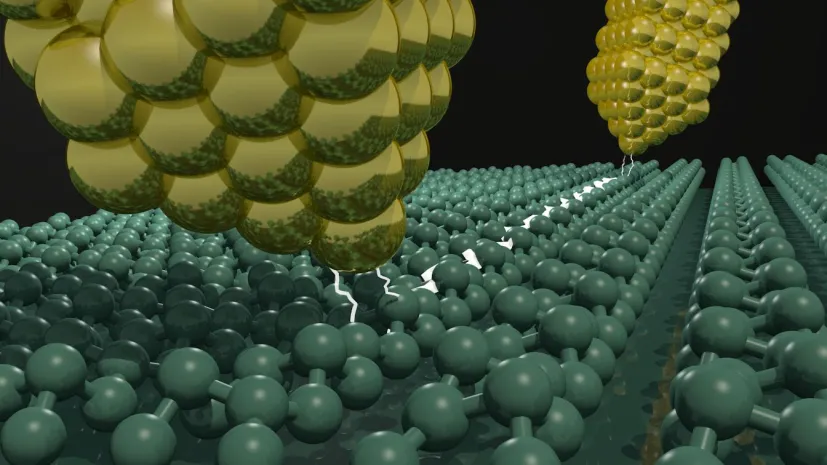 Artystyczna wizja eksperymentu, w którym naukowcy badają transport elektronów w nanometrowych obiektach  Źródło: Marek Kolmer