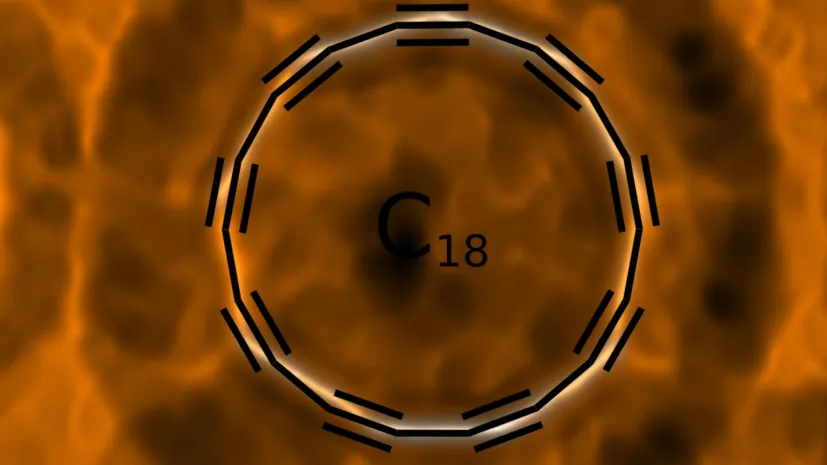 Cyklokarbon - nowa odmiana alotropowa węgla opisana w &quot;Science&quot;. Ilustracja przygotowana na podstawie obrazu z mikroskopu sił atomowych (AFM), na którym zaznaczono strukturę związku. Fot: IBM Research