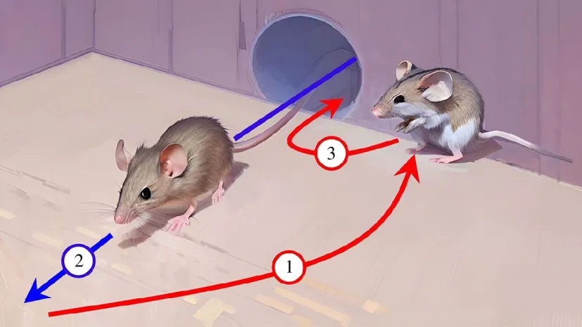 Rys.: Oszukańczy unik zaobserwowany u myszy. Mysz polna (na rys. po prawej) ucieka korytarzem przed myszą leśną, której chce uniknąć. Kiedy wypada z korytarza do większej komory, zaczaja się w ciszy w pobliżu wylotu tego korytarza. Kiedy ścigająca wbiega do komory i próbuje się rozeznać w nowej przestrzeni, mysz polna za jej plecami wymyka się korytarzem i zyskuje czas. Źródło: Raffaele d&#039;Isa et al. Royal Society Open Science, https://doi.org/10.1098/rsos.231692