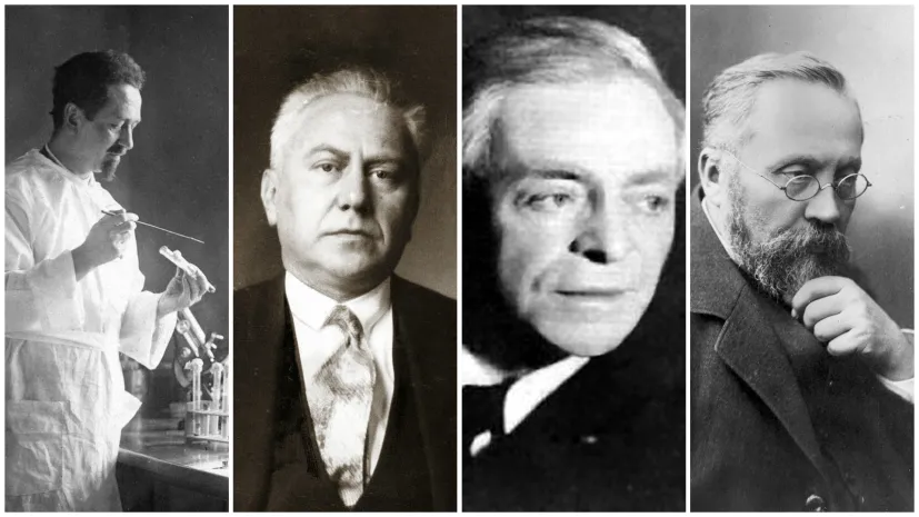 Rudolf Weigl, Ludwik Hirszfeld, Kazimierz Funk oraz Napoleon Cybulski. Źródło zdjęć: NAC, Wikipedia